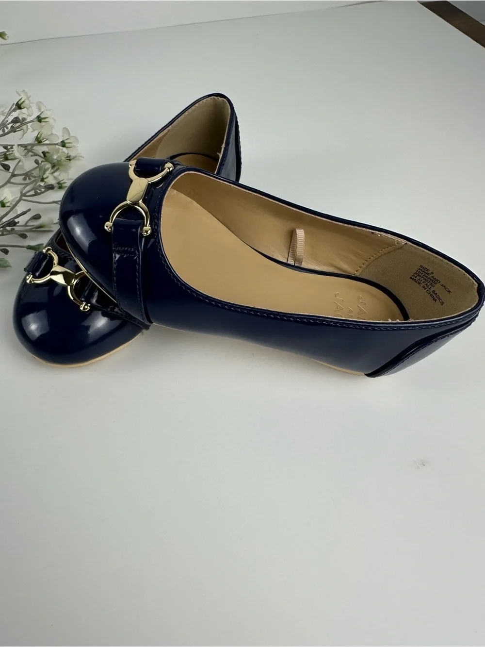 Janie and Jack Girls Navy Patent Ballet Flats Gold Hardware Size 9
